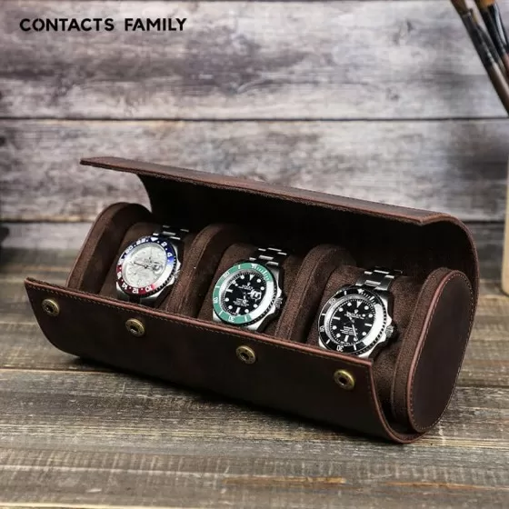 Three luxury watches secured inside Roroos leather travel roll — perfect for Australian watch collectors travelling interstate
