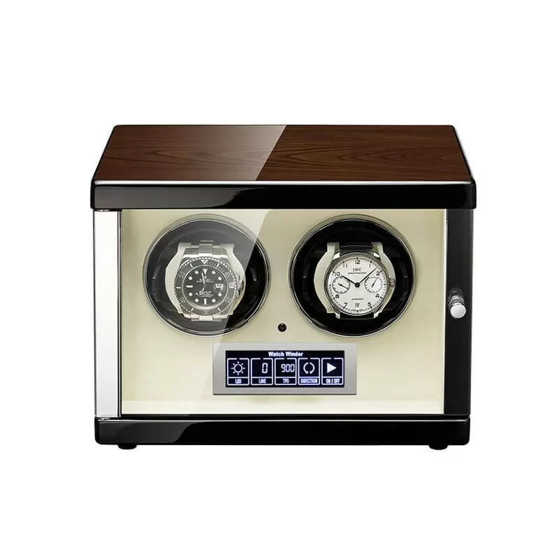 Enrollador de relojes doble Roroos con control táctil e interior beige abierto con dos relojes automáticos