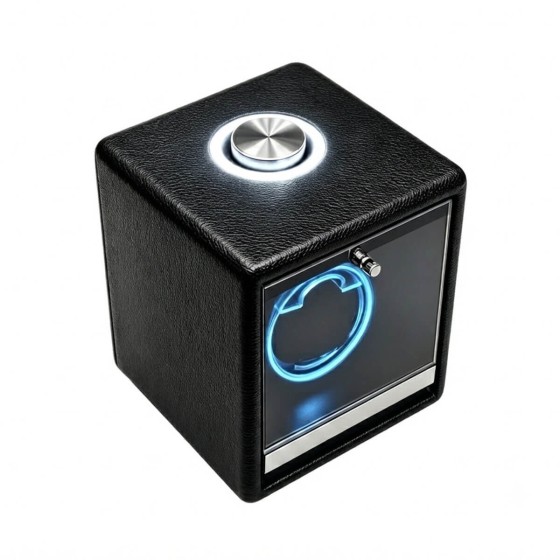 Automatic watch winder box with backlit rotary dial and LED halo design