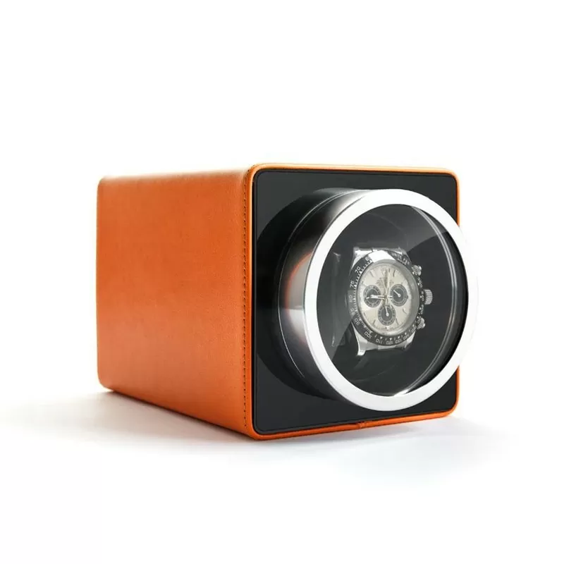 Single Watch Winder in Orange PU Leather with Aluminium Window