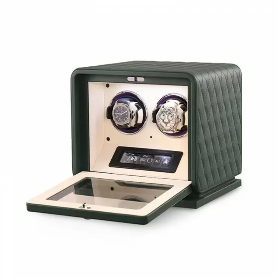 Smart touch screen on Roroos leather watch winder showing TPD and rotation direction settings