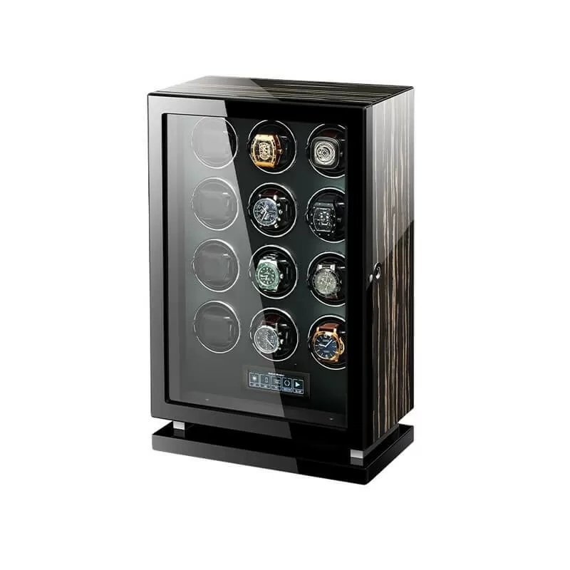 Roroos Dark Warrior 12-slot automatic watch winder in striped ebony wood, front view
