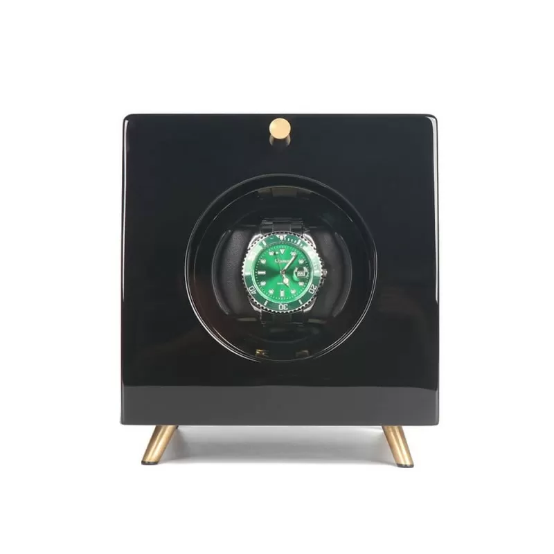 Roroos wooden retro single watch winder in black finish with glass window and vintage-style exterior