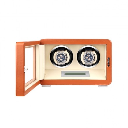 Remontoir automatique à double montre tactile LCD en cuir marron Vue d'ensemble