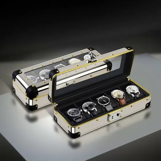Metal 5 Slots Watch Case With Glass Window