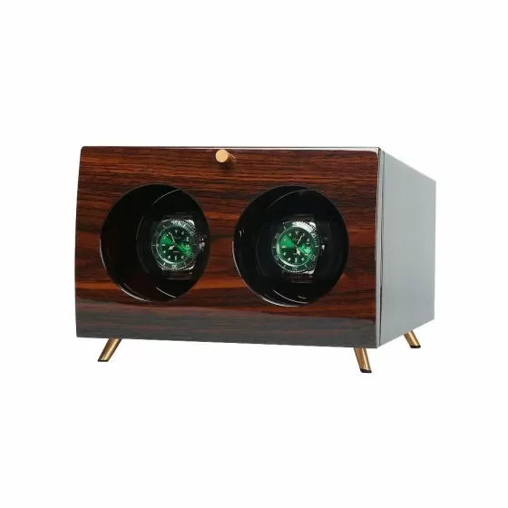 Dark ebony solid wood 2-slot watch winder — angled view showing wood grain and glass door