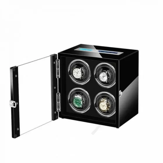Roroos black watch winder box open lid with automatic watches inside
