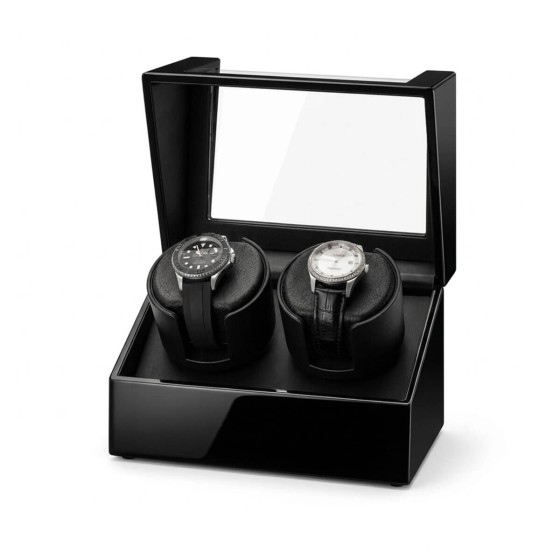Roroos black dual watch winder open at an angle showing the hinged lid, clear window and two watch positions