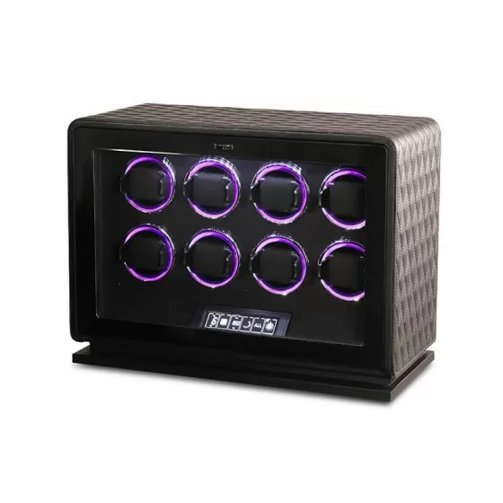 Vista lateral del enrollador de 8 relojes Roroos en cuero negro — dimensiones compactas para 8 relojes automáticos