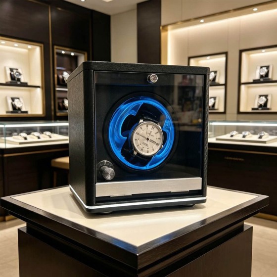 Roroos carbon fiber single watch winder displayed in watch boutique setting — LED ring illuminating automatic watch