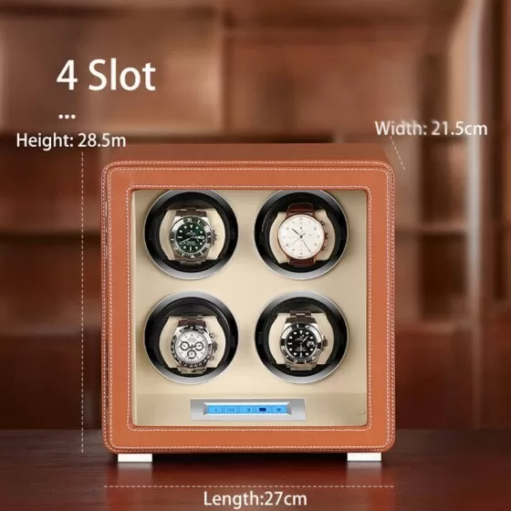 Brown Leather LCD Touch Automatic Quad Watch Winding Machine