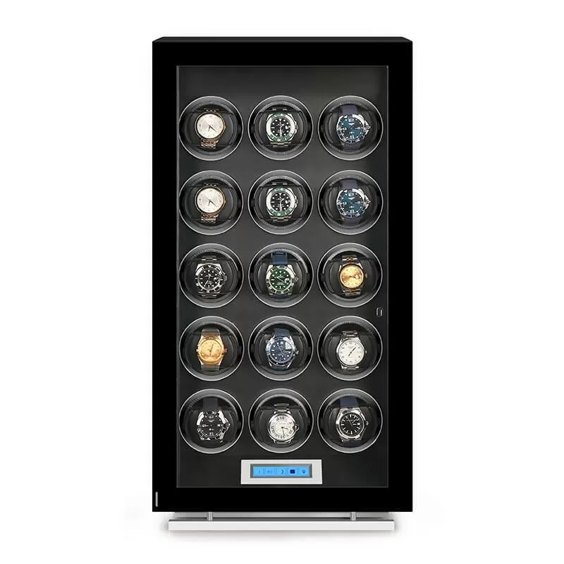 15-slot automatic watch winder cabinet with UVC sterilization by Roroos, front view with tempered glass door