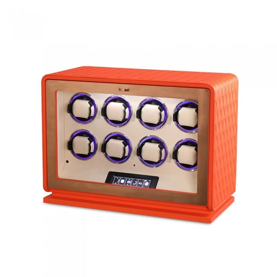 Exquisito enrollador automático de reloj de 8 ranuras en cuero naranja intenso