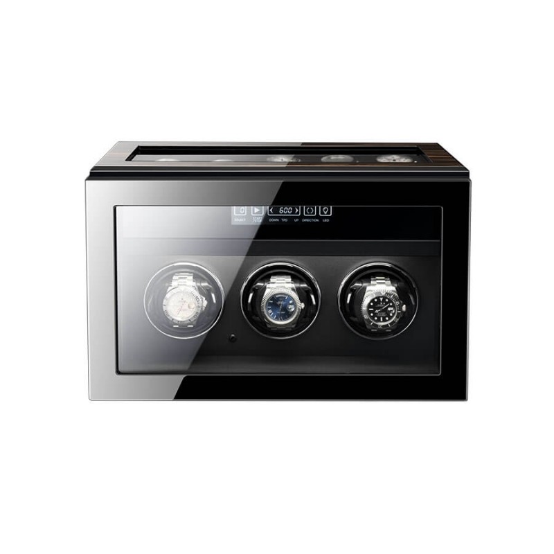 3-slot automatic watch winder in striped ebony wood with 5 storage compartments – Roroos Dark Warrior series