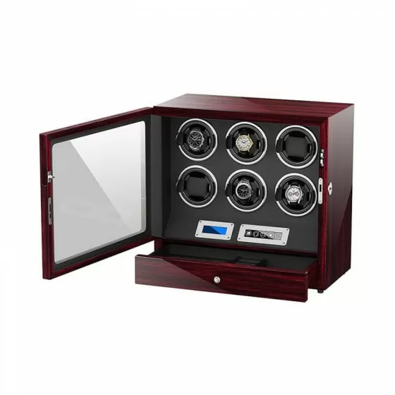 Boîte de remontoir automatique 6 montres en palissandre avec écran tactile LCD dans un intérieur noir - ROROOS.com