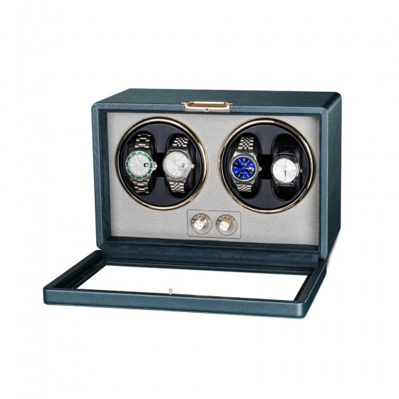 Suede-lined interior of Roroos green leather 4-slot automatic watch winder showing four individual winding bays