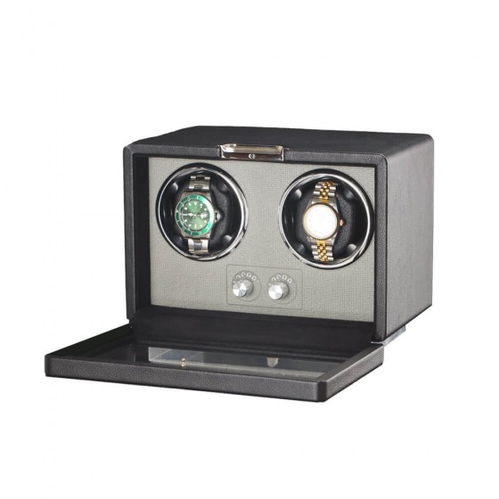 Two automatic watches wound in Roroos black leather double watch winder – lit interior