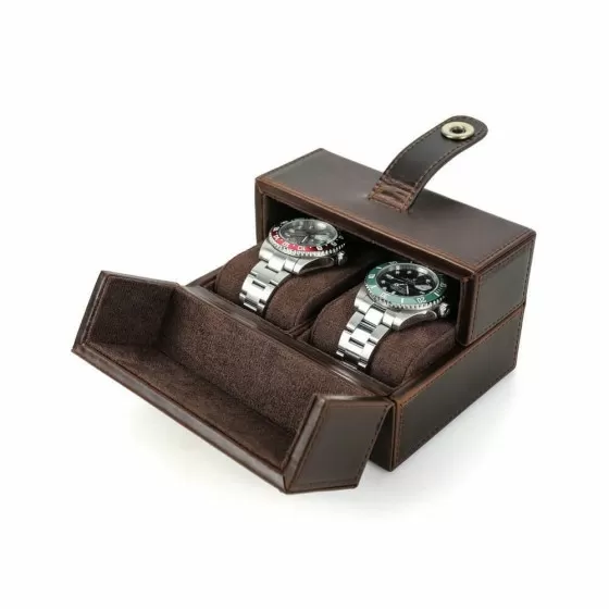 Portable brown leather watch case for 2 automatic watches — travel safe