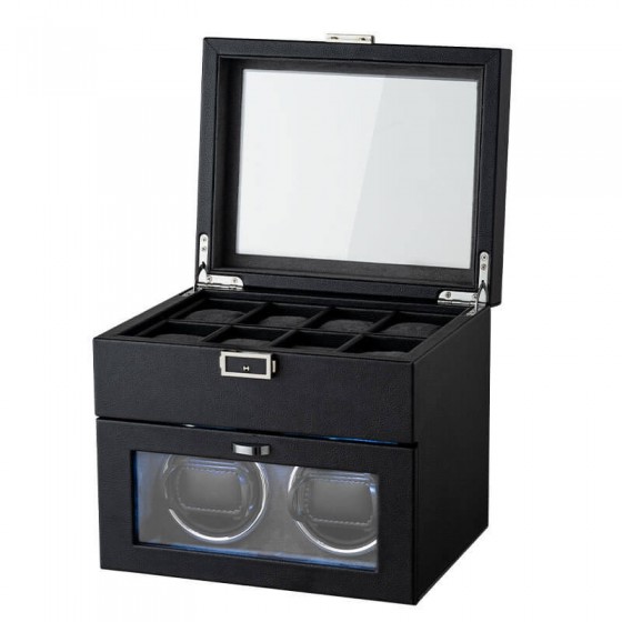 Watch winder storage combo showing 2 winding rotors and 8 cushioned watch storage compartments