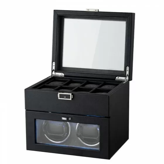 Watch winder storage combo showing 2 winding rotors and 8 cushioned watch storage compartments