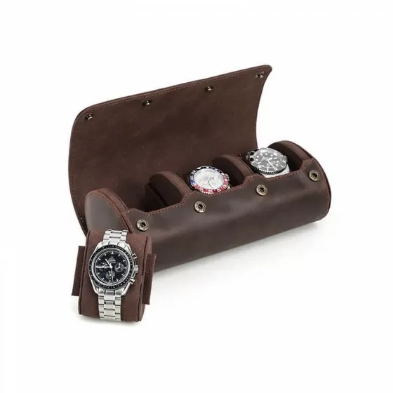 Close-up of suede interior lining inside Roroos 3-watch leather travel roll, cushioning watches during transit