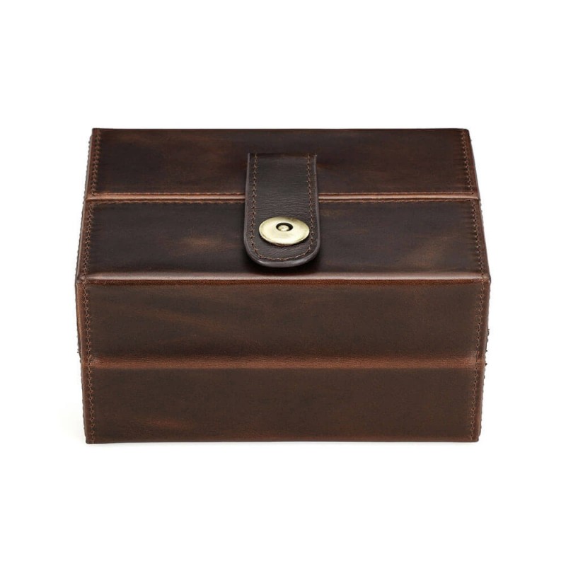 Roroos handmade portable brown leather watch case open to show two deep-cushioned slots for mechanical watches