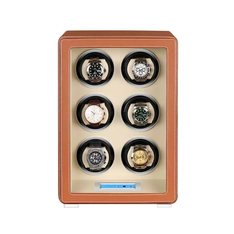 LCD Touch Automatic 6 Slots Watch Winder With Brown Leather