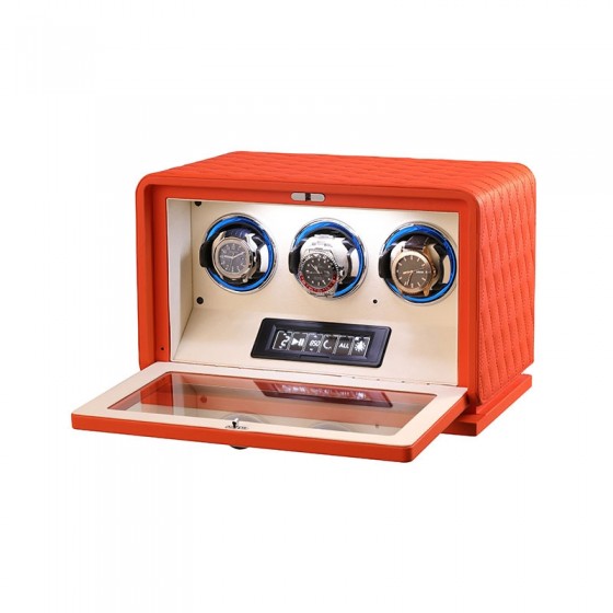 Close-up of orange genuine leather exterior on Roroos triple automatic watch winder