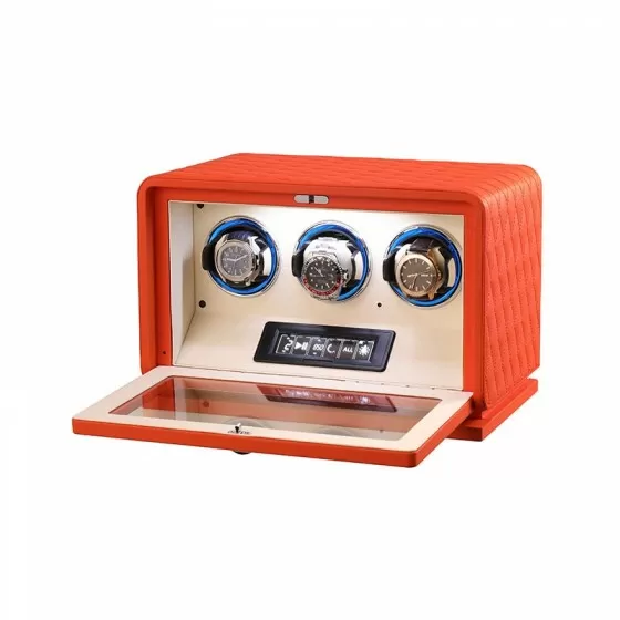 Close-up of orange genuine leather exterior on Roroos triple automatic watch winder