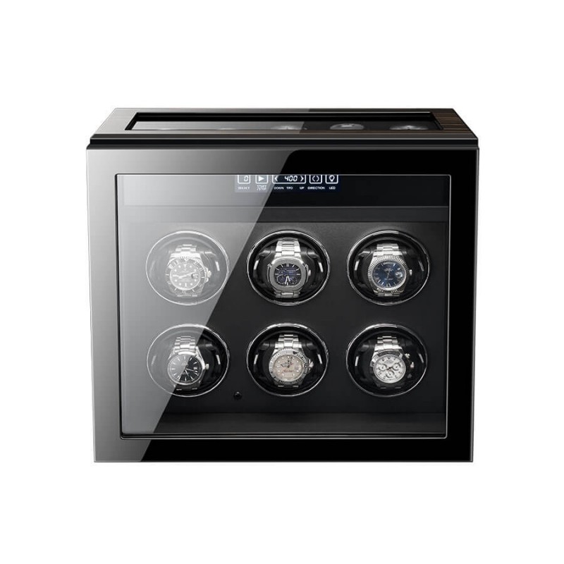 6-slot automatic watch winder with 5-slot storage in striped ebony wood — Roroos Dark Warrior