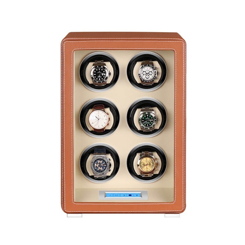 LCD Touch Automatic 6 Slot Uhrenbeweger mit braunem Leder