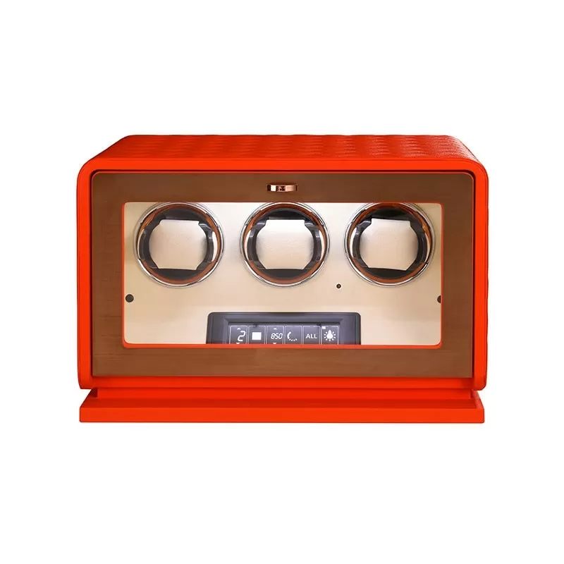3-slot automatic watch winder in orange leather – luxury watch winder box by Roroos