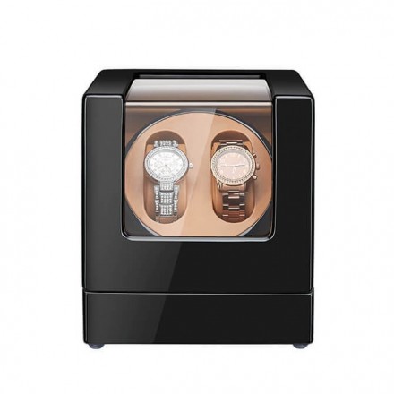 Roroos double automatic watch winder box in warm almond leather with glass display front