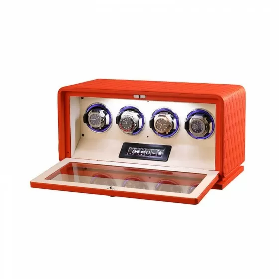 Roroos orange leather watch winder side view with tempered glass door