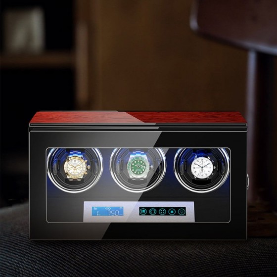 Triple Watch Winder With Lcd Touch Screen - Rosewood with Black Interior for 3 Watches