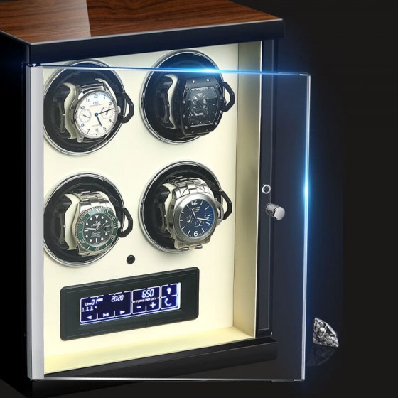 Close view of Roroos 4-watch winder with fingerprint lock