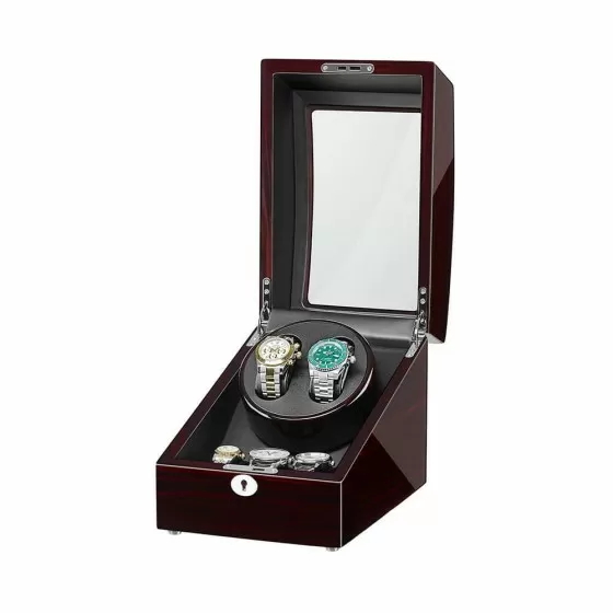 Open ebony double watch winder displaying 2 independently programmable winding rotors and 3 velvet-cushioned automatic watch storage slots