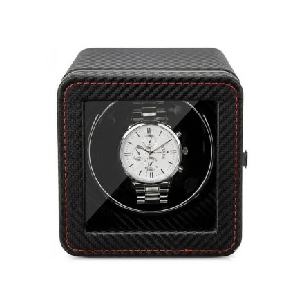 Roroos carbon fiber single watch winder box in black with red contrast stitching detail