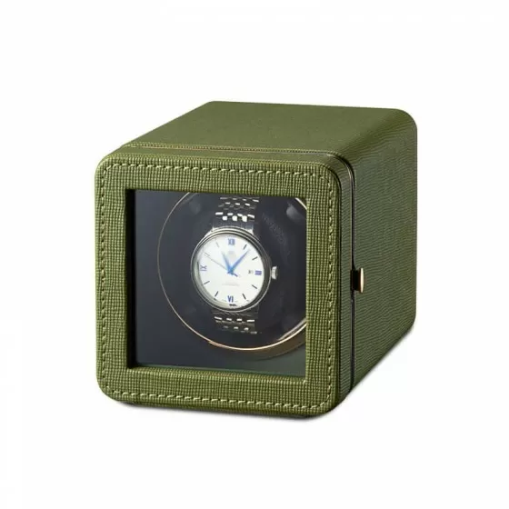 Roroos olive green leather single watch winder box angled view with acrylic display window