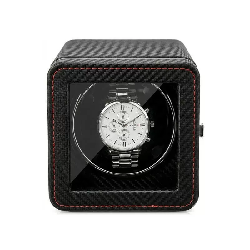 Roroos carbon fiber single watch winder box in black with red contrast stitching detail