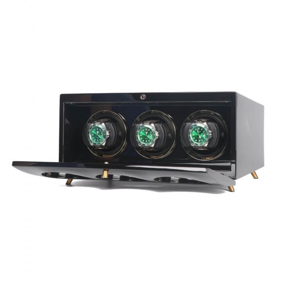 Three automatic watches wound in Roroos black wooden watch winder box