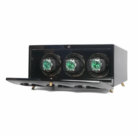 Three automatic watches wound in Roroos black wooden watch winder box