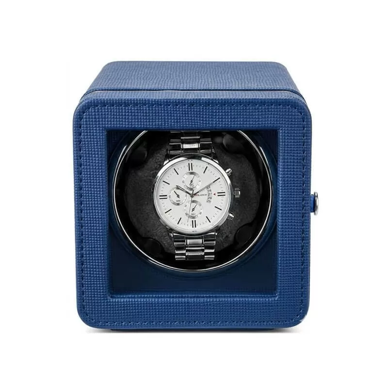 Phantom blue leather single automatic watch winder box by Roroos, front view