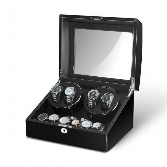 Interior of black watch winder box showing 4 winding rotors and 6 cushioned watch storage slots
