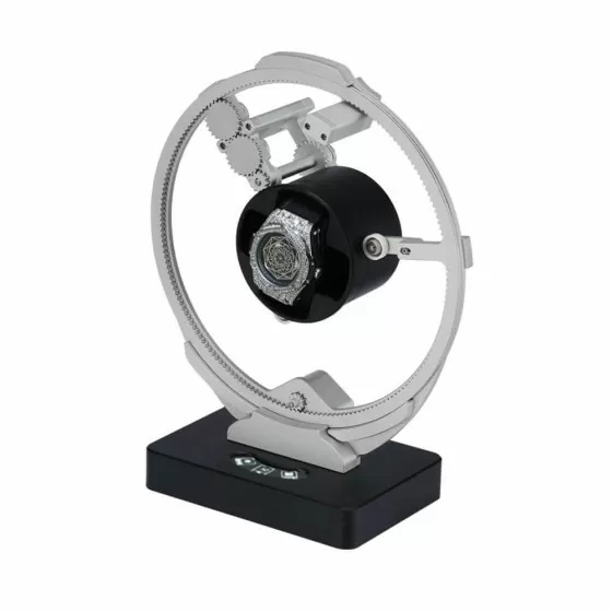 Dark grey orbit watch winder holding automatic watch in full rotation position