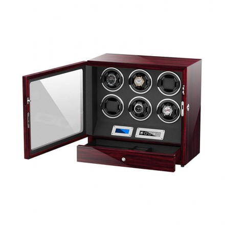 Rosewood Automatic 6 Watch Winder Box With Lcd Touch Screen in Black Interior - ROROOS.com Overview