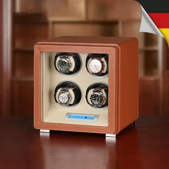 Brown Leather LCD Touch Automatic Quad Watch Winding Machine
