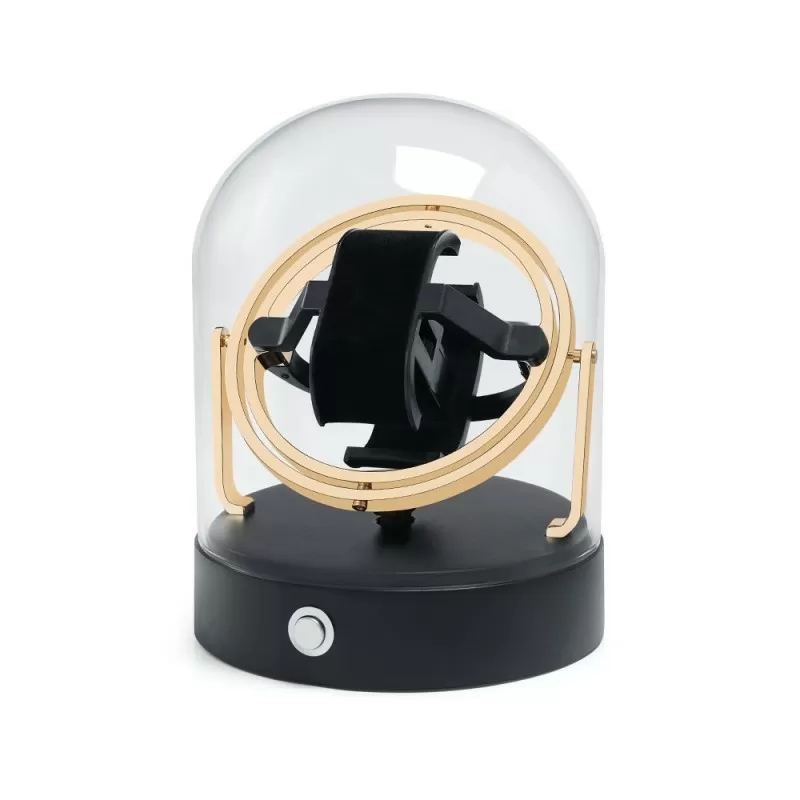 Roroos Astronomy Perseus gold gyroscopic watch winder with 3-axis planet orbit rotation in gold anodized aluminum