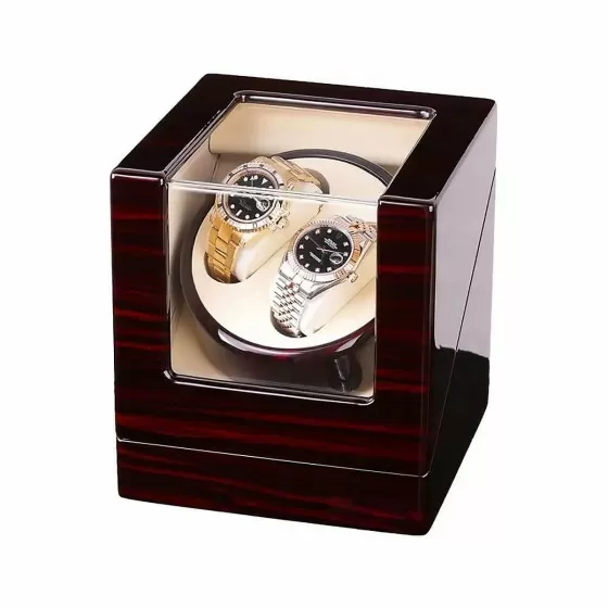 Roroos ebony dual automatic watch winder showing two watch pillows in piano finish case
