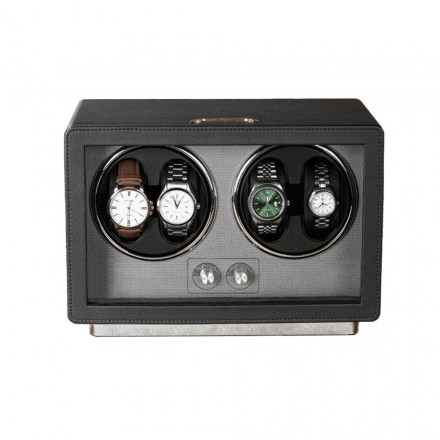 Roroos black leather watch case with 4 automatic winders and lockable display glass front
